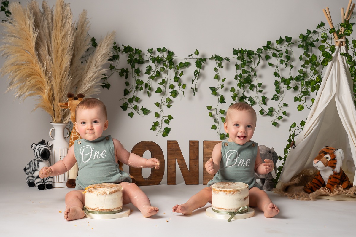 wild one jungle twin cake smash photoshoot Peterborough 